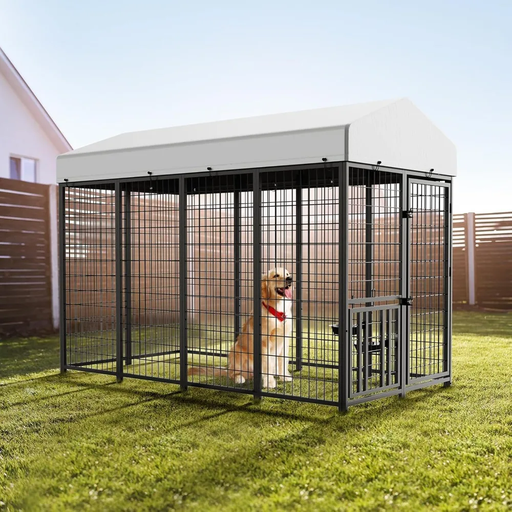 

Large Dog Kennel Outdoor Pet Pens Dogs Run Enclosure Animal Hutch Metal Coop Fence with Roof Cover (8'L x 4'W x 5.6'H)