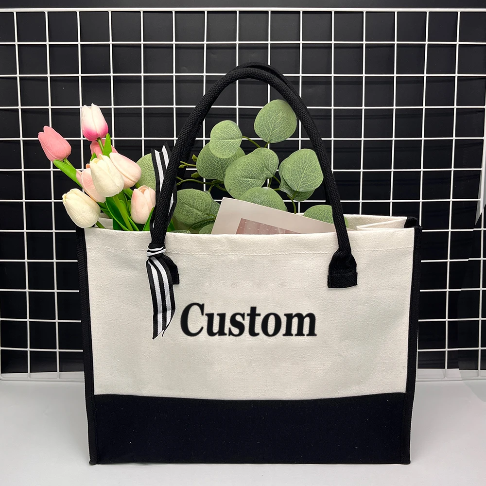 Custom Name Totes Bag Fashion Canvas Tote Letter Flower Portable Beach Shoulder Shopping Casual Beach Bag Large Capacity Handbag