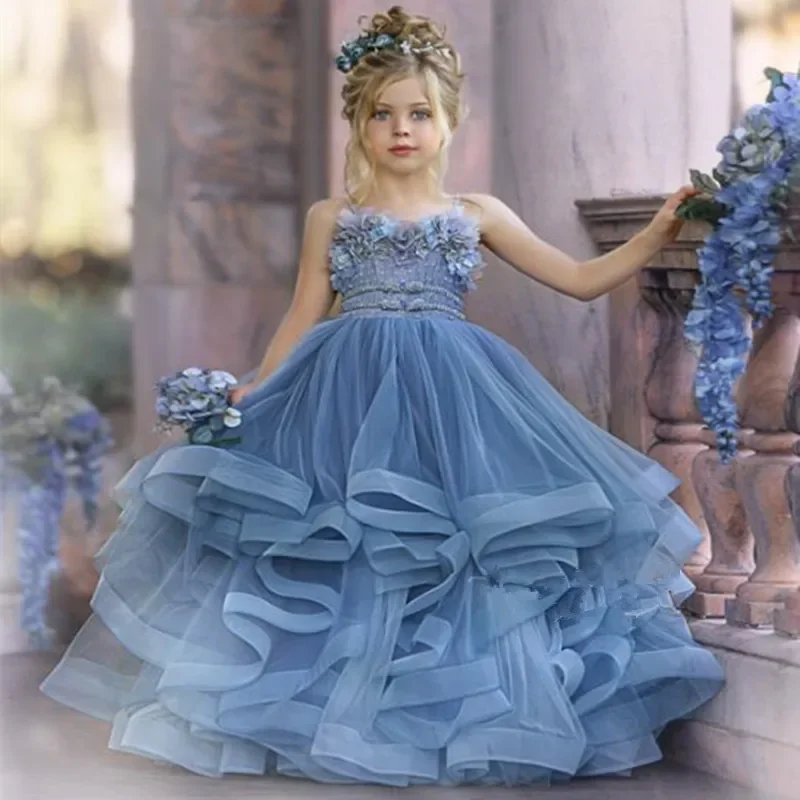 

Cute Flower Girl Dresses For Wedding Spaghetti Lace Floral Appliques Tiered Skirts Girls Pageant Dress A Line Kids Birthday Gown