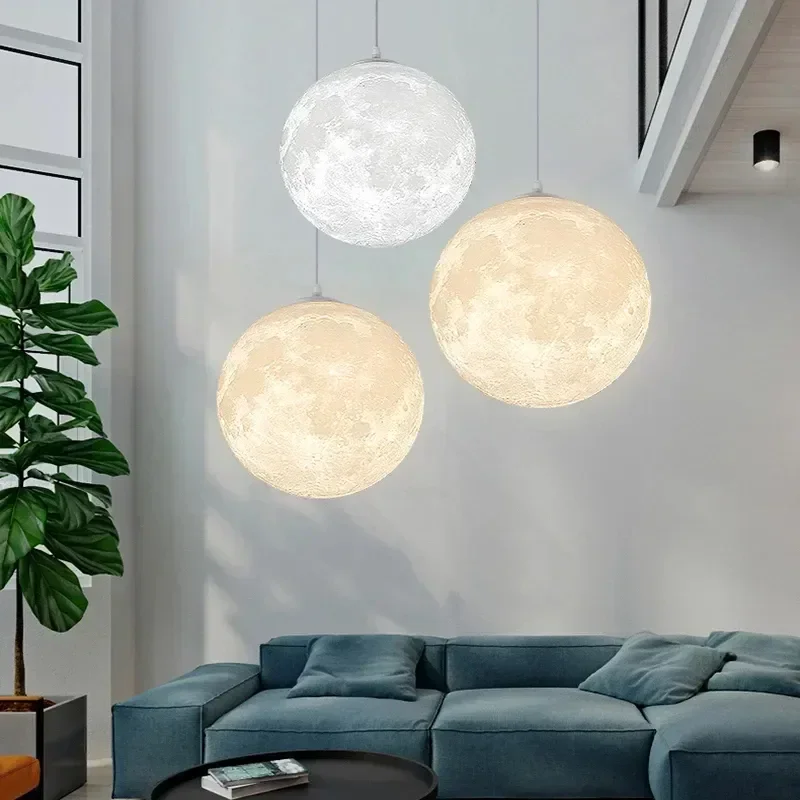 Nordic Creative 3D-Print Moon Pendant Light Indoor Decor Restaurant Living Bedroom Hanging Lighting Chandeliers Night Lamp