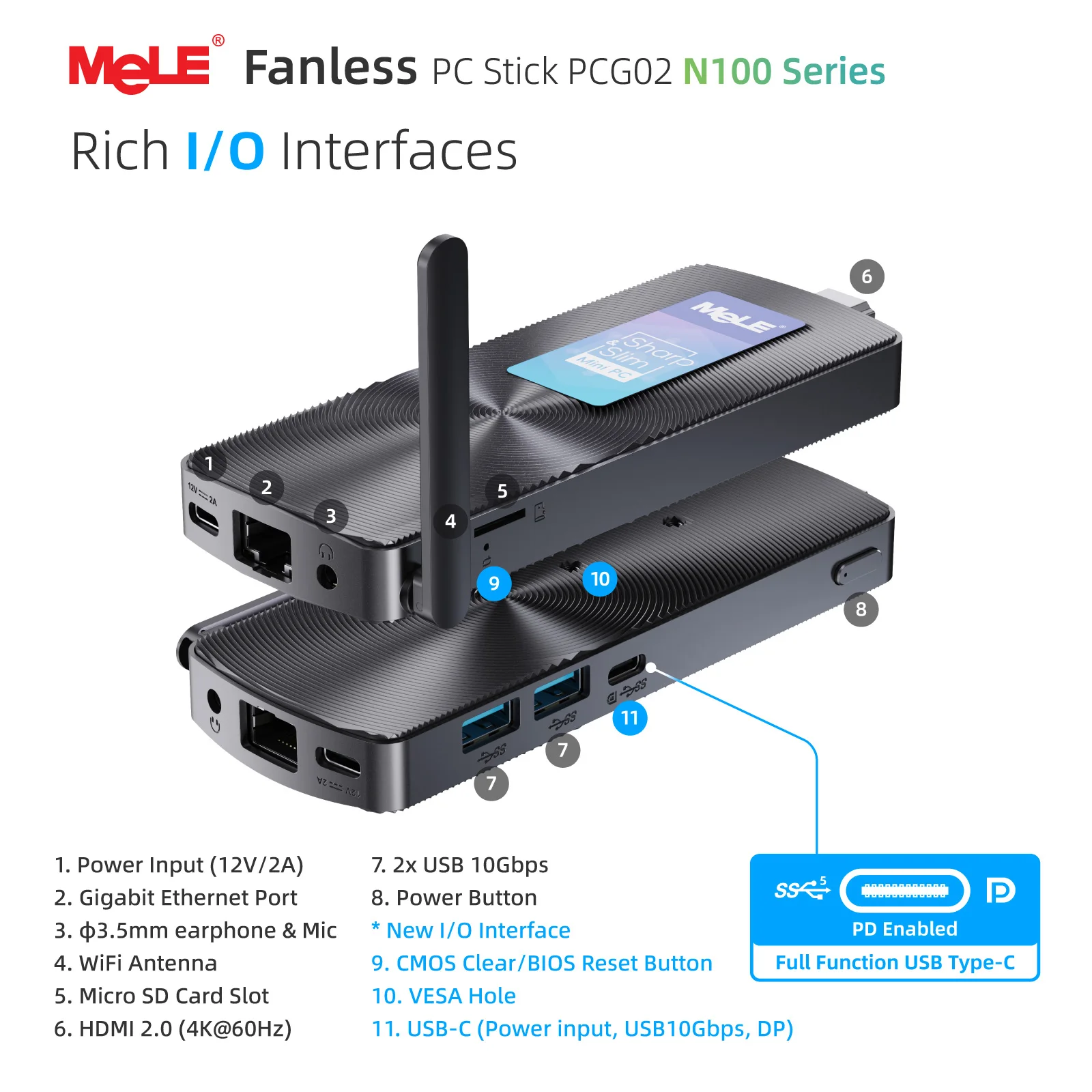 MeLE 팬리스 미니 PC 스틱 N100 8GB 256GB, 마이크로 컴퓨터 스틱 HDMI 4K 기가비트 이더넷, Wi-Fi5 PCG02