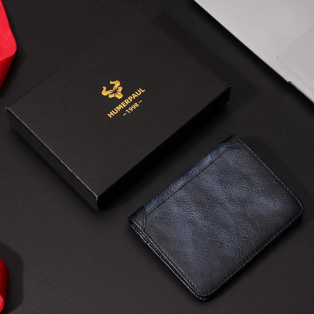 HUMERPAUL Genuine Leather Wallet for Men Slim Trifold RFID Blocking Credit Cards Holder Classic Mini Male Clutch Money Bags