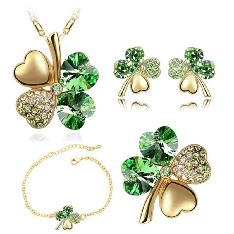 Crystal Clover 4 Leaf heart fashion jewelry set dropshipping Necklace earrings bracelet brooch charm girl quality birthday gifts