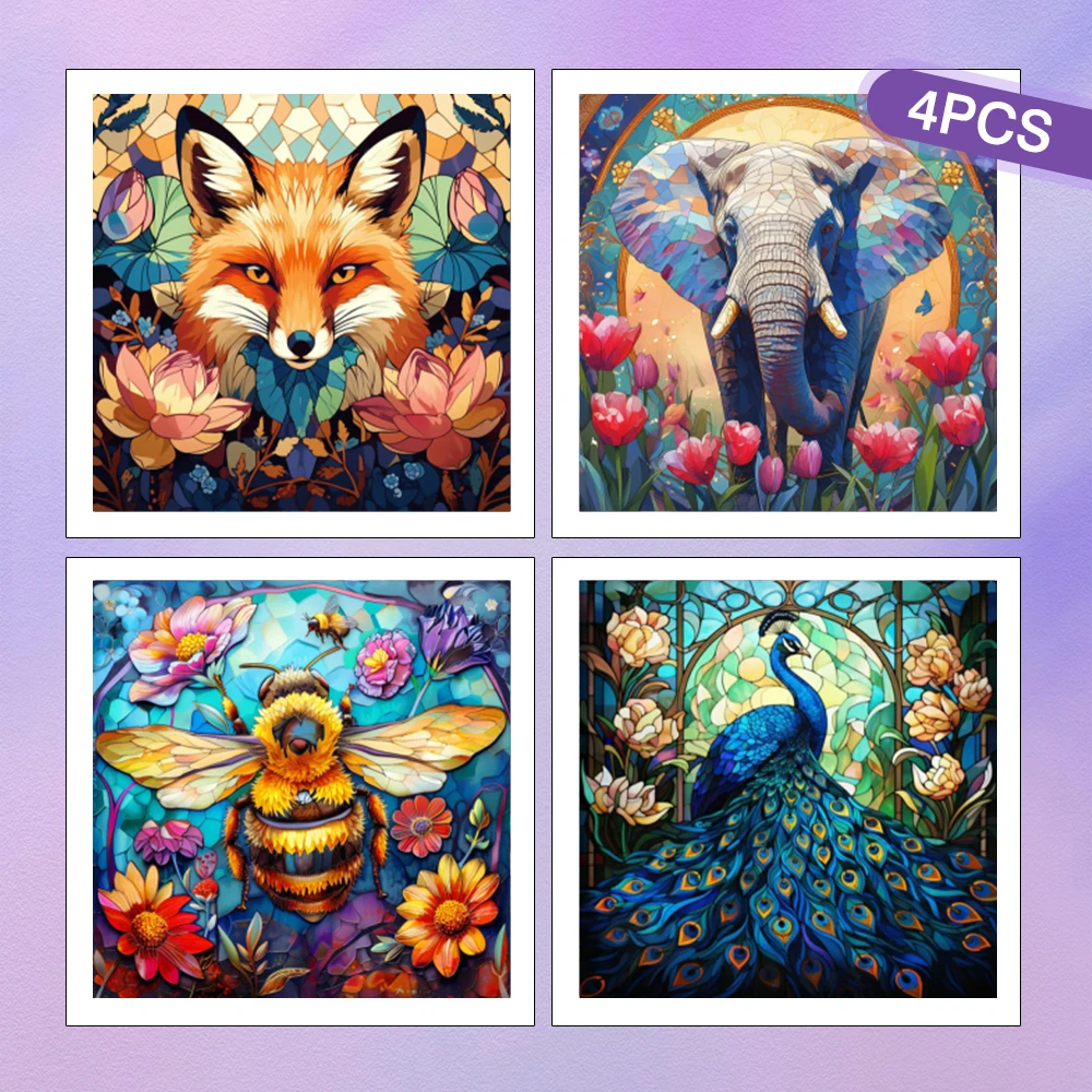 HUACAN 4PCS Diamond Painting 5d Animal Elephant Peacock Flower Full Round Drill Home Decor Rhinestones Pictures Mosaic Bee Fox