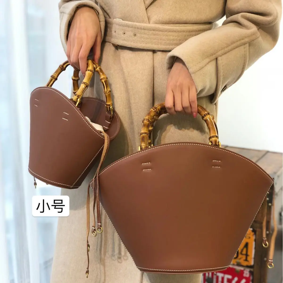 FIRMRANCH Vintage Texture Bamboo Knot Handbag Fan Design Women's Fashion One Shoulder Oblique Straddle Bag Large Capacity Tote