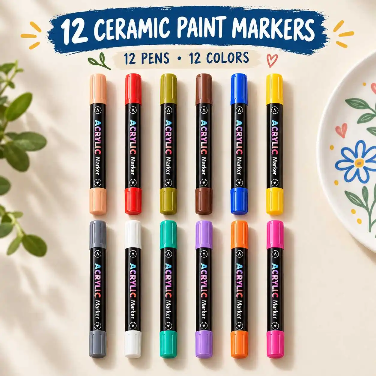 12pcs Ceramic Painting Marker Pens Set Black Gradient Print Barrels Colored Caps Assorted Colors for Decorative Plate Art