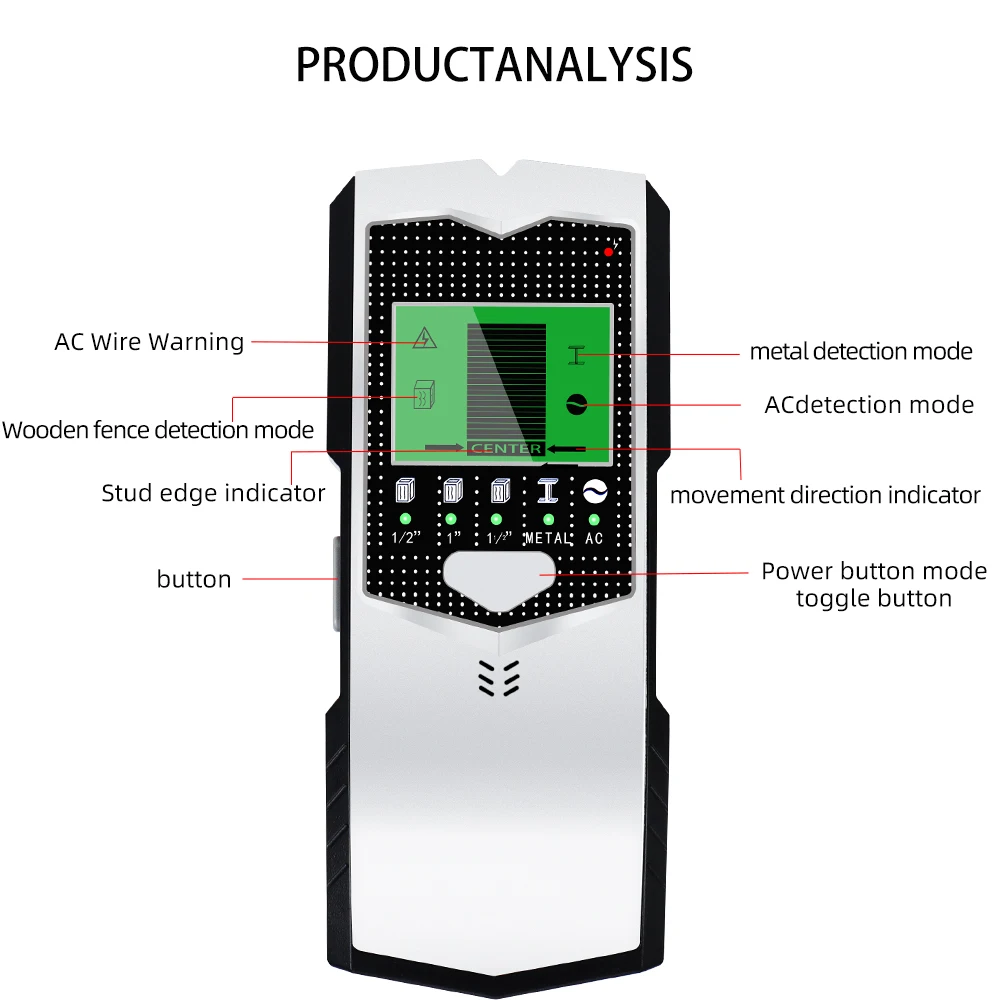 Wielofunkcyjny wykrywacz ścienny 5 w 1. Metalowe kołki. Skaner ścienny z drewna. Przewody kablowe AC. Lokalizator głębokości. Wyszukiwarka