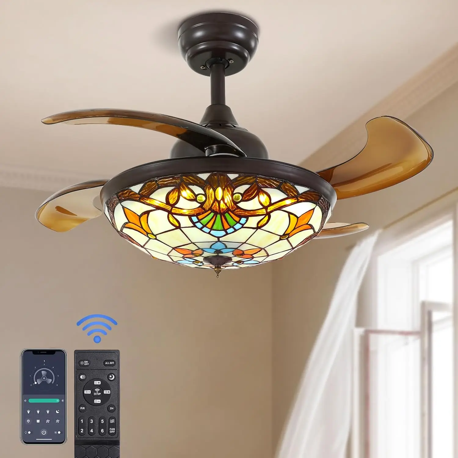 Style Ceiling Fan with Lights, Remote Control Led Dimmable Fandelier Fixture with 4 Retractable Reverse Blades, Vintage Stained