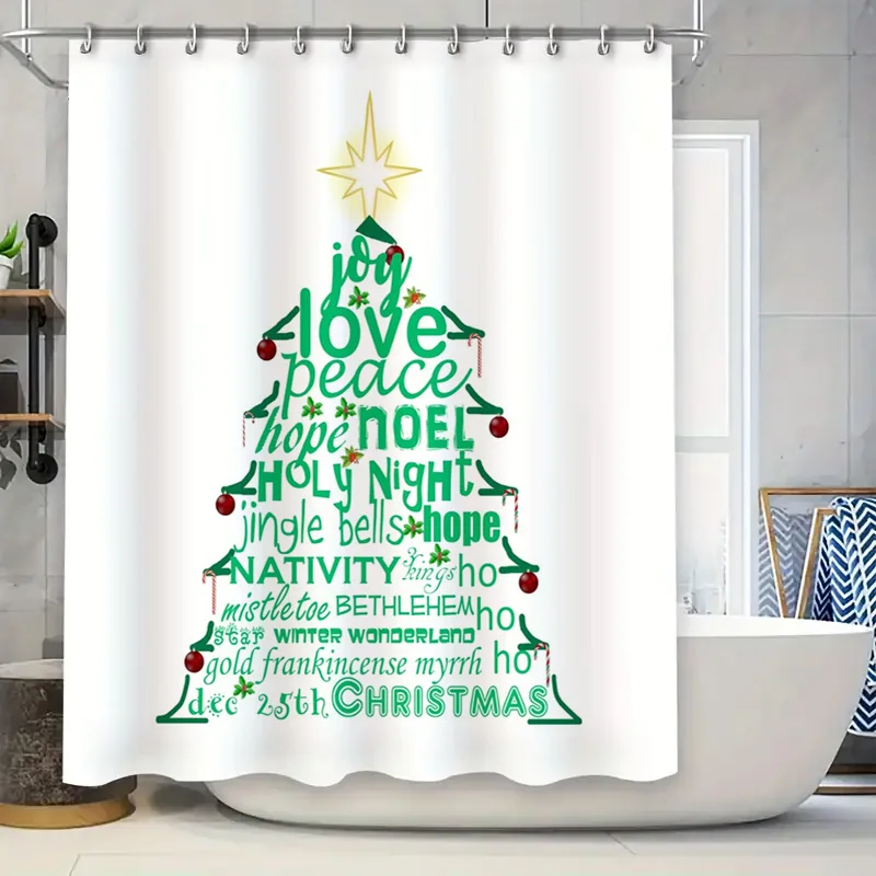 Word Art Christmas Tree Shower Curtain, Green Text with Joy Love Peace Wishes on White, Unique Holiday Message Decor