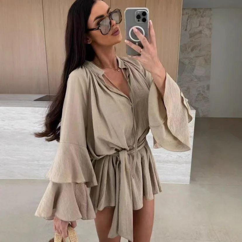 

Новинка 2025, внешняя торговля, женская одежда, независимая станция, юбка нестандартной формы с v-образным вырезом, женская юбка на шнуровке с рукавами в виде листьев лотоса cw55167