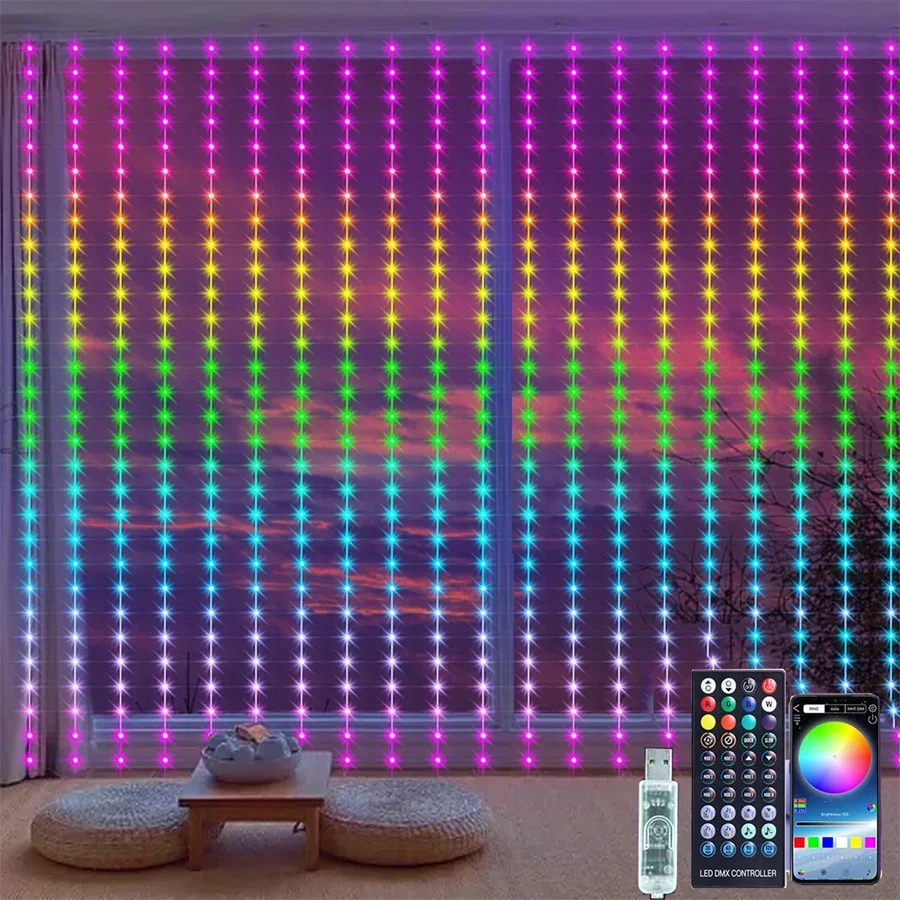 Slimme LED-gordijnverlichting 3x3M 300 LED-kleurveranderende app Fairy Light Kerstgordijn Lichtslinger voor muurachtergrond Decor