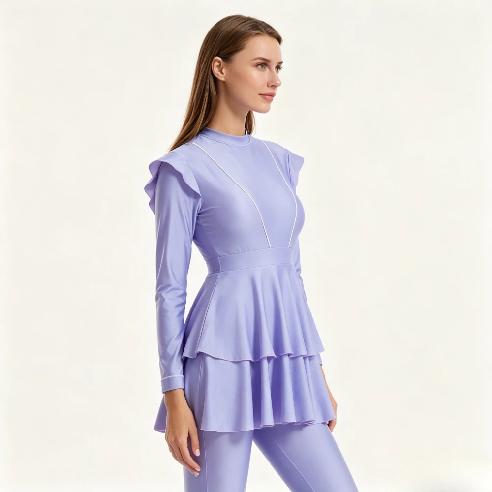 2026 3PCS Ruffle Burkini Long Sleeve Full Coverage Swim Cap UV Protection Modest Muslim Conservative Beach Swimming Bathing Suit
