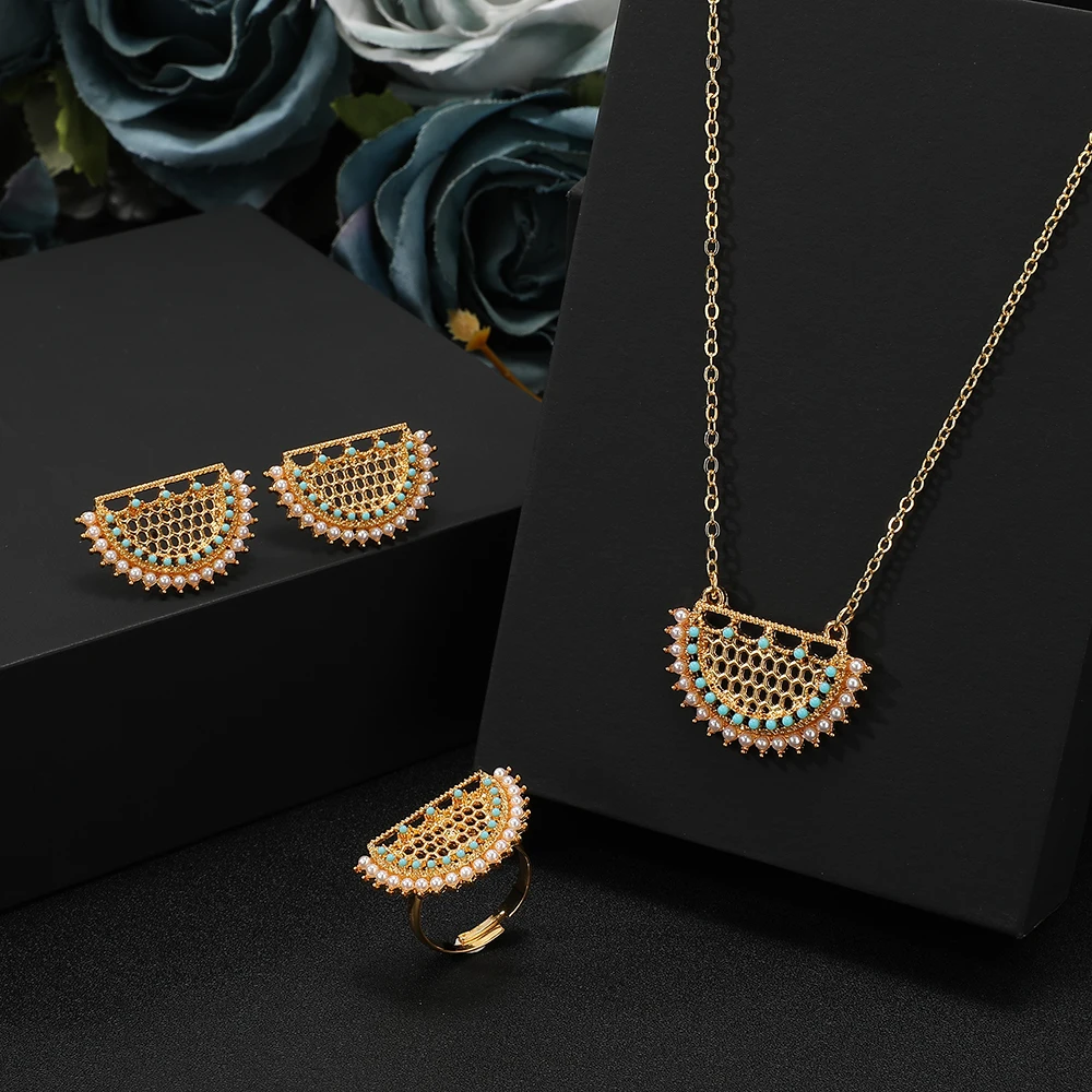 Hot Sale Sector-shaped geometric zircon Pendant necklace + earrings + ring Jewelry Set for Women Stainless Steel quality jewelry