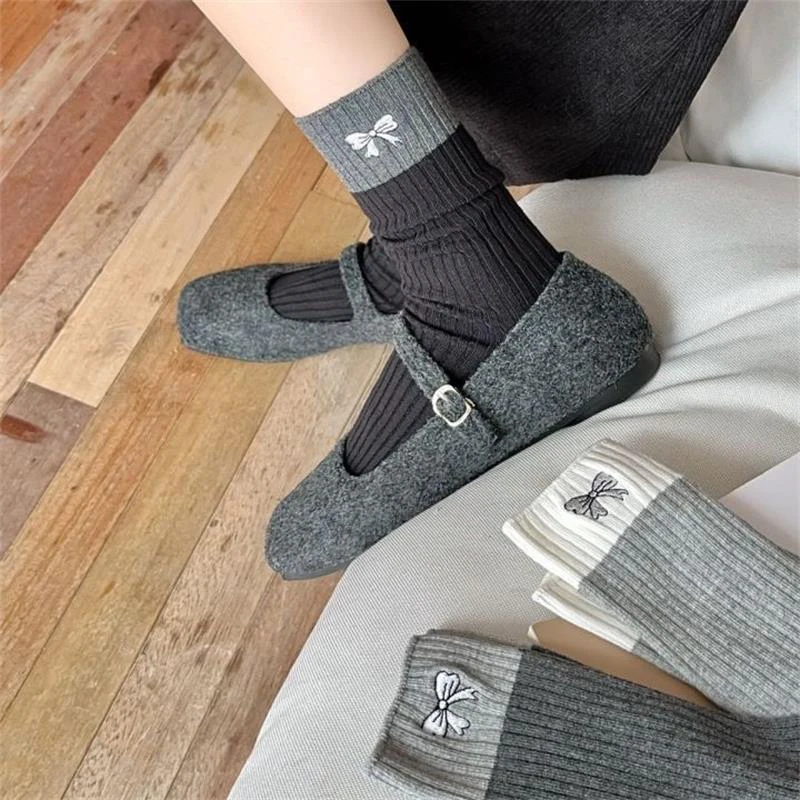 〔CC88〕1Pair Cotton Mid-calf Socks. Autumn /Winter Internet Celebrity Ins Trend Cute Cartoon Embroidery Bow Loose Socks