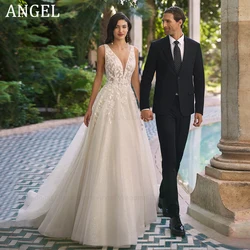 ANGEL Sparkle Backless Wedding Dresses 2025 Customized A-Line V-Neck Bridal Gowns Leaf Appliques Tulle Zipper Vestidos de Novia
