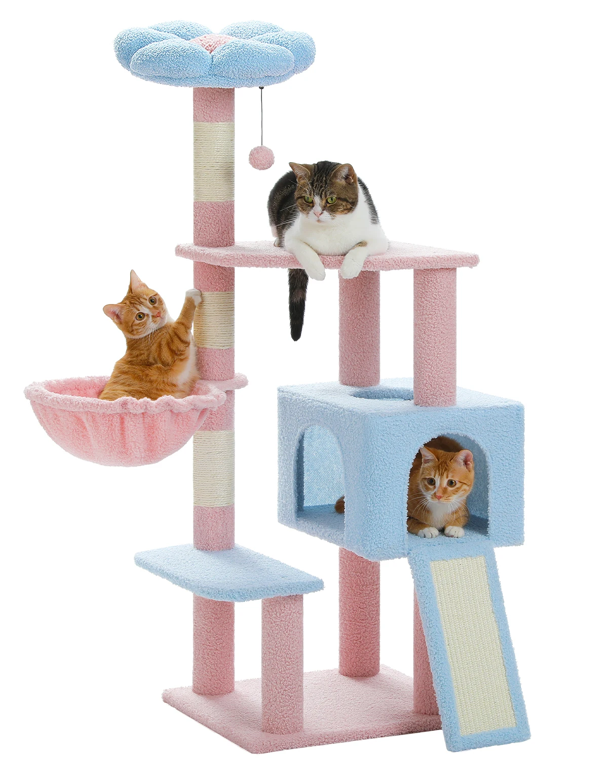 

H120CM Flower Cat Tree Multi-Level Tower with Sisal Covered Scratching Posts Cute Perch Ramp Ladder Condo for Indoor Blue Green