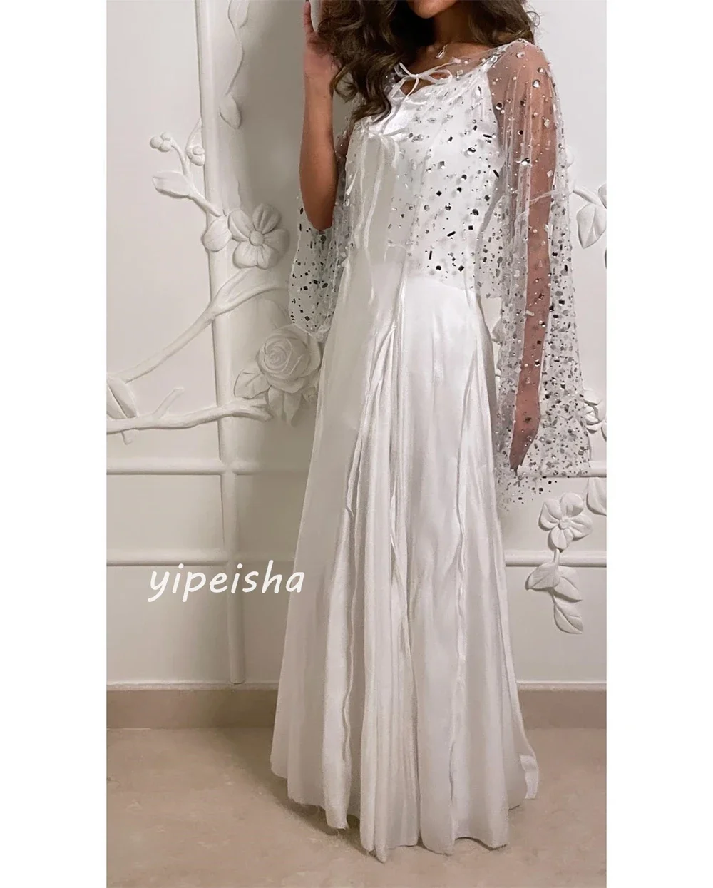 تخصيص جيرسي مطرزة Ruched عيد الحب ألف خط الخامس الرقبة مخصص فساتين المناسبات الطويلة