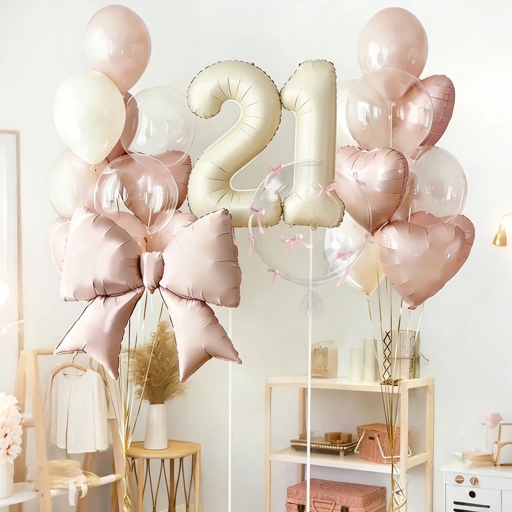 Milchweißes Zahlen- und Schleifenballon-Set Rosa Schleifenband Transparenter Bobo-Ballon für Geburtstagsfeier Jubiläumsfeier Dekoration – Detail 7