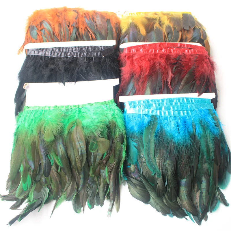 

Wholesale 10 Meter 12-15CM Natural Chicken Rooster Tail Feathers Trims Strip for Wedding Party Clothing Rooster Feather Trim