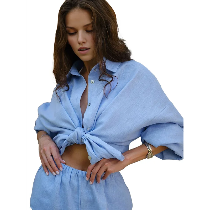 

ASDS-Womens 2 Piece Cover Ups Set Cotton Beach Short Sets Short Sleeve Button Down Shirt Shorts Resort Wear 2025