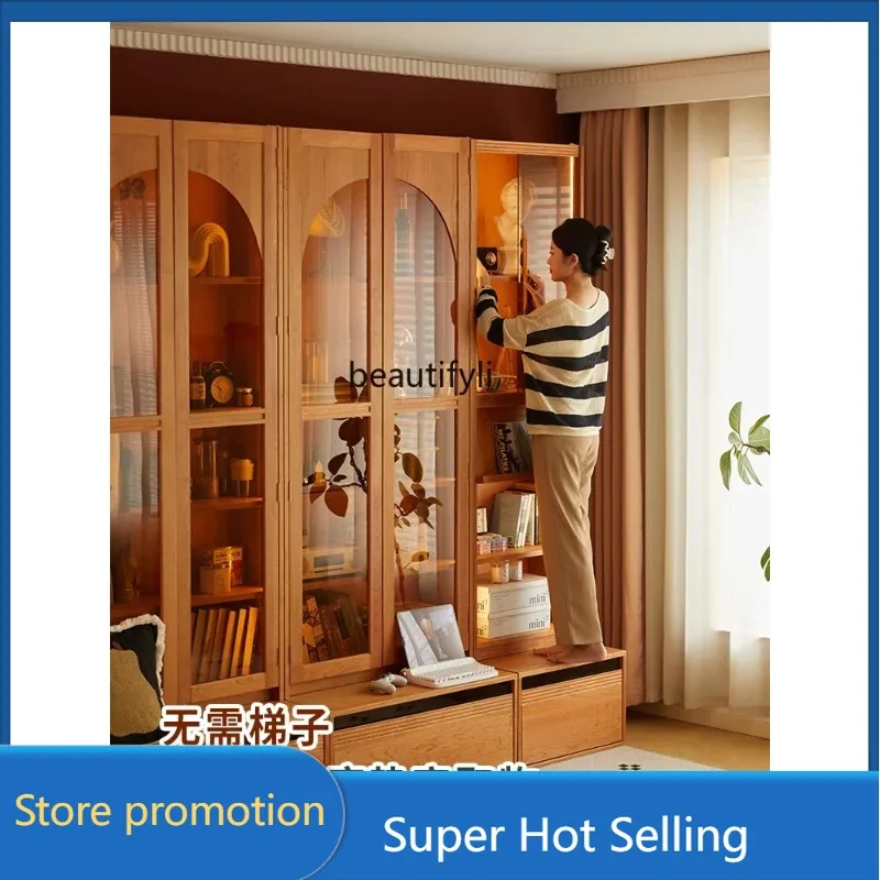 

C46 Книжный шкаф из цельного дерева для гостиной, встроенный настенный книжный шкаф из вишневого дерева со стеклянным напольным комбинированным шкафом