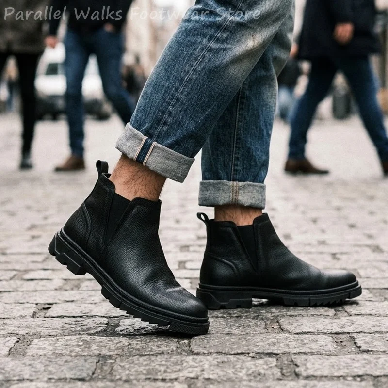 Men Chelsea Boots Chunky Lug Sole Slip On Ankle Booties Casual Platform Dress Shoes Vintage Motorcycle Footwear Autumn Winter