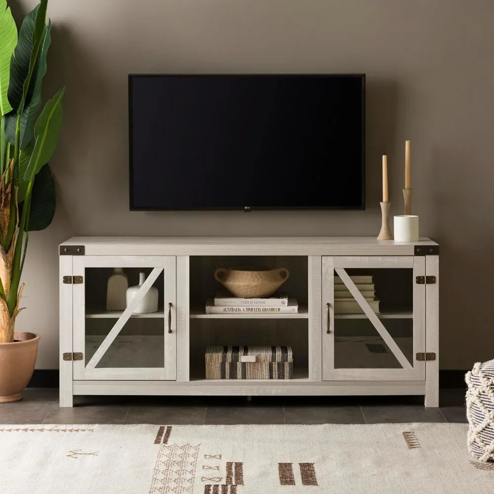 Wesley-Modern Farmhouse Glass Door TV Stand, usado para TVs sem lareira, 65 polegadas, 58 polegadas, Stone Grey