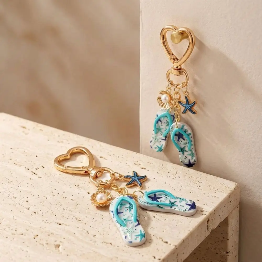 Acrylic Flip Flop Starfish Keychain Heart Clasp Portable Summer Beach Pearl Keyring Funny Anti-fade Starfish Shell Pendant