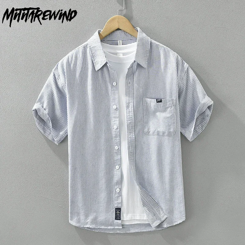 

Korean Style Dropped Shoulder Short Sleeve Stripd Shirt Men Summer Casual Pure Cotton Shirts Youth Daily Men's Clothing Simple