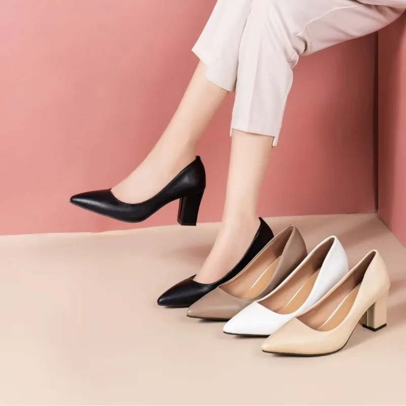 

Simple Block Heel Single Shoes Fashion Pointed Toe Shallow Mouth Soft Leather Non-slip Slip-on High Heels
