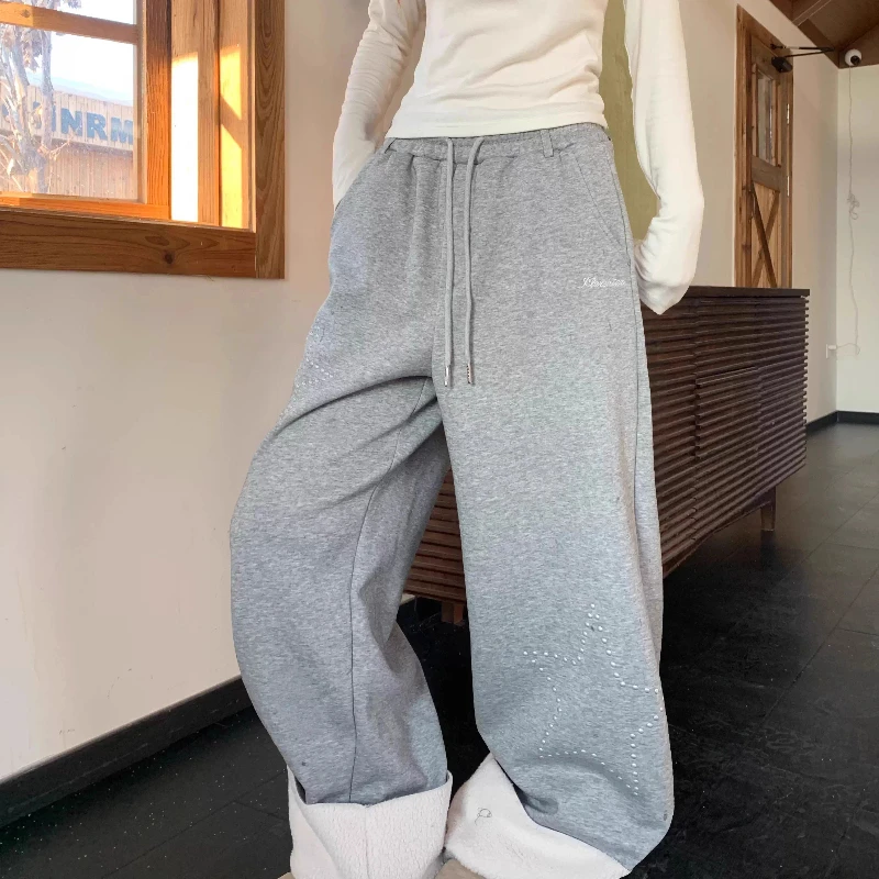 Vintage Design Star Pattern Lamb Wool Splicing Women's Pants Autumn Winter Versatile Fleece Lined Warm Wide-Leg Trousers Ladies