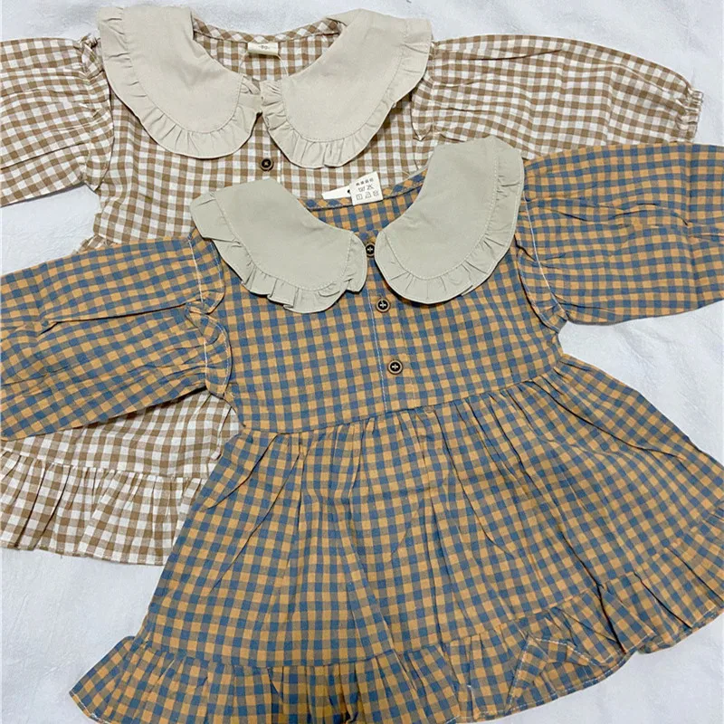 Spring Summer Girls Clothing Cute Children Dresses Kids Baby Girl Plaid Cotton Linen Lapel Collar Dress Long Sleeve Skirt