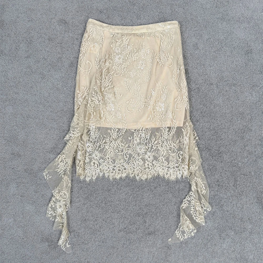 Women Lace Skirt Elegant Floral Embroidery Mesh Skirt Irregular Asymmetrical Ruffle Hem High Waist Slim Party Skirt For Female