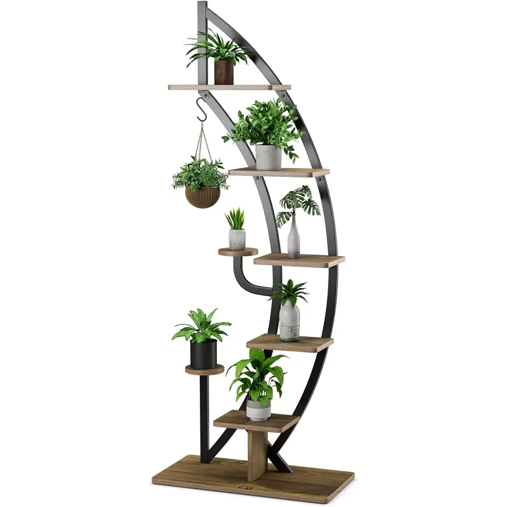 

6 Tier Metal Plant Stand Indoor, 61"" Half Moon Plant Shelf W/ Hanger & Anti-Toppling Device, Multi-Purpose Curved Plant Flower