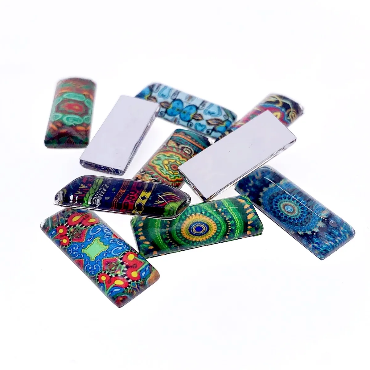 Onebeading 10x25mm Mixed Colorful flower Rectangle Glass Cabochon Dome Jewelry Finding Cameo Pendant Settings 10pcs(5pairs)