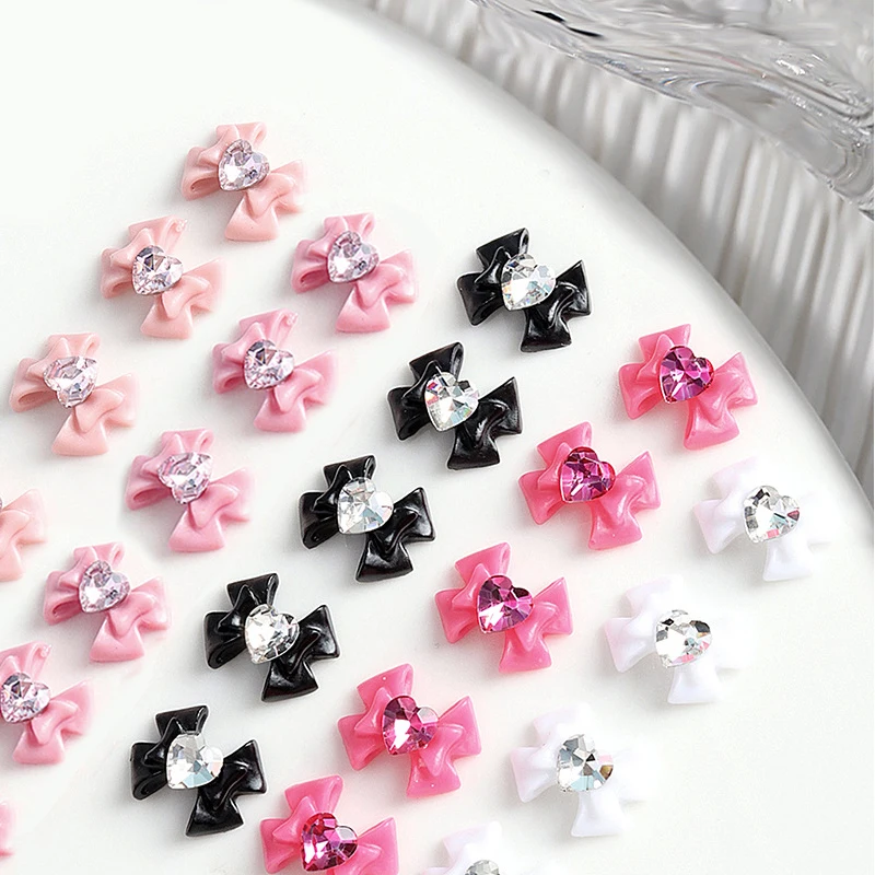 10Pcs 3D Nail Charm Pink Nude Ribbon Resin Bowknot Butterfly Rhinestone Nail Art Decoration Accessory Supplies for DIY Manicur