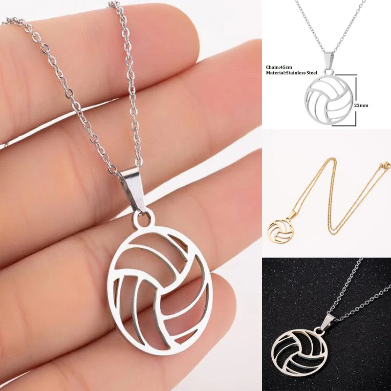 New European and American Style Jewelry Sports Series Volleyball Necklace Stainless Steel round Pendant Design Hollow Clavicle C