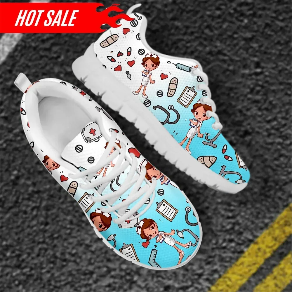 

2020 Cute Cartoon Nurse/Doctor Print Nursing Mesh Sneakers Flat for Womens Shoes Light Lace Up Footwear Mujer Pisos