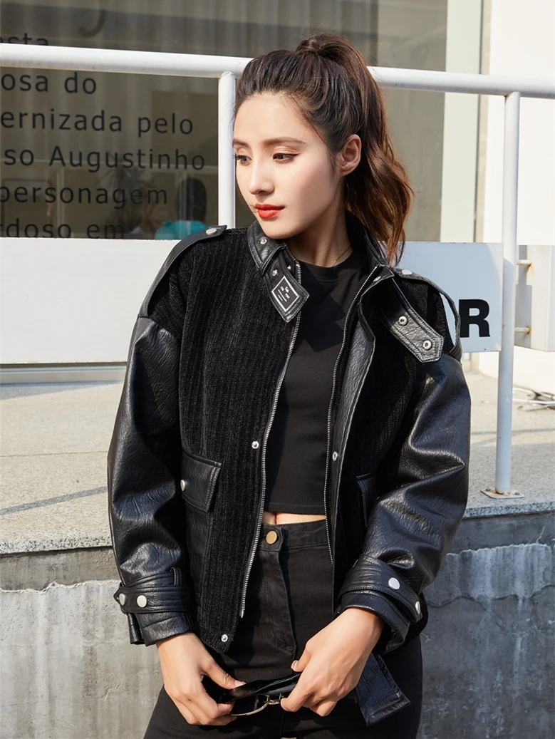 

Thick Warm PU Leather Coat for Women Fashion Patchwork Biker Jackets 2022 New Autumn Winter Stand Collar Short Female Overcoat