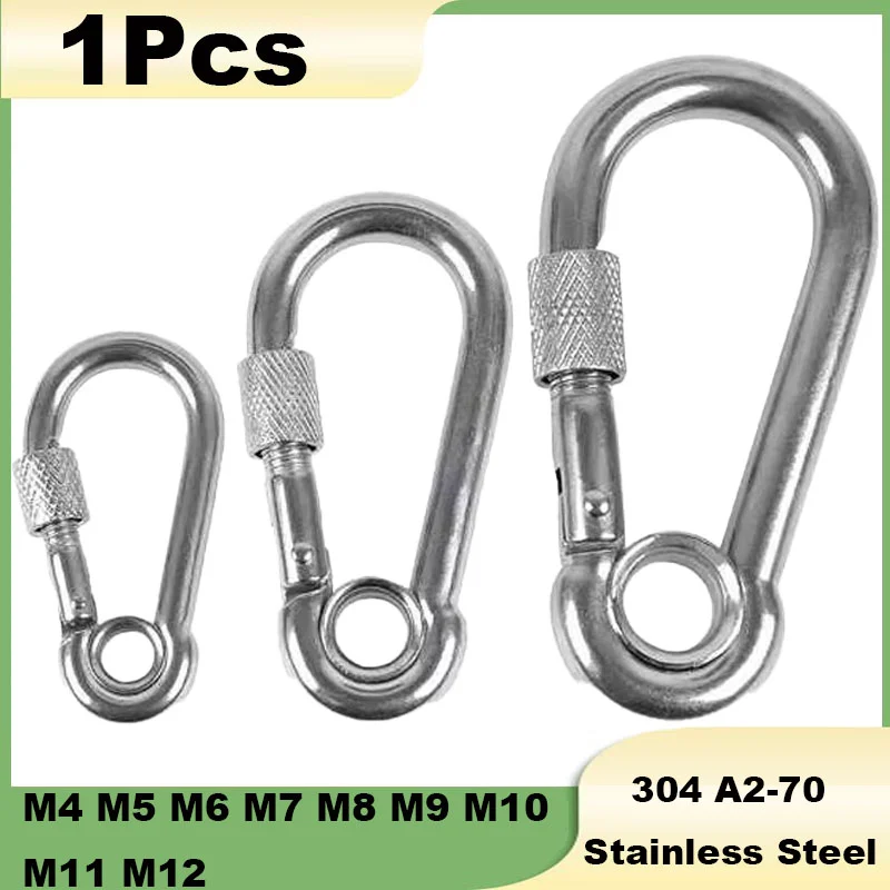 1Pcs Snap Hook M4 M5 M6 M7 M8 M9 M10 M11 M12 304 Stainless Steel Spring Hook with Screw Nut and Eyelet Carabiner