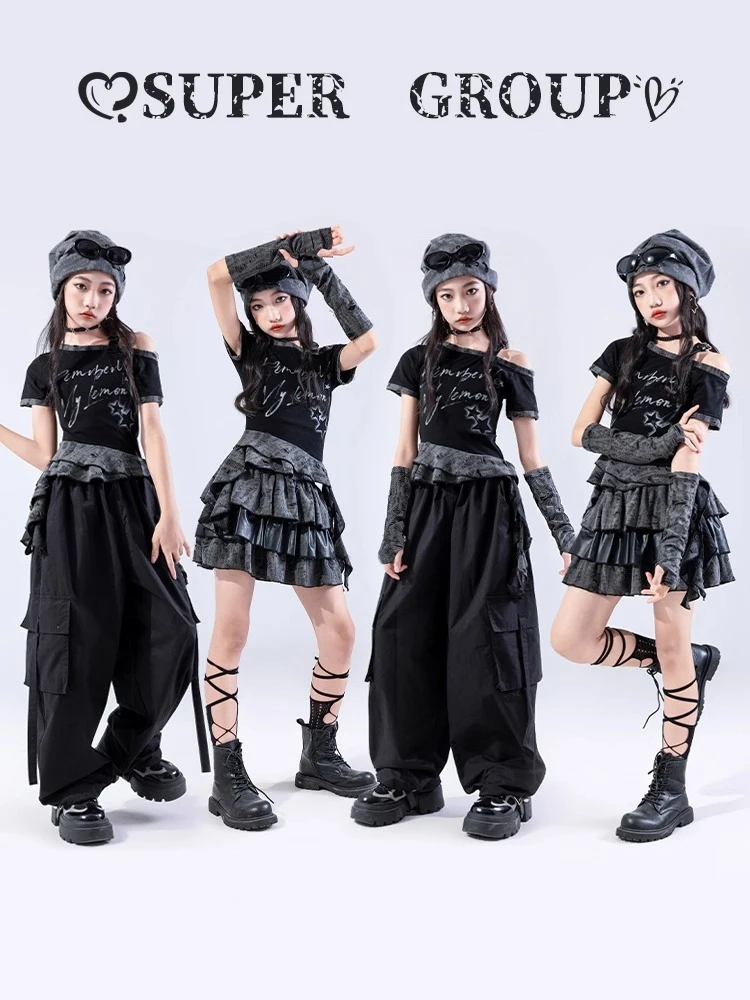 Vêtements de danse Jazz Vintage pour filles, haut nombril noir, jupe gothique, pantalon, Costume de danse Hip Hop, Costume de spectacle de pom-pom girl BL16526