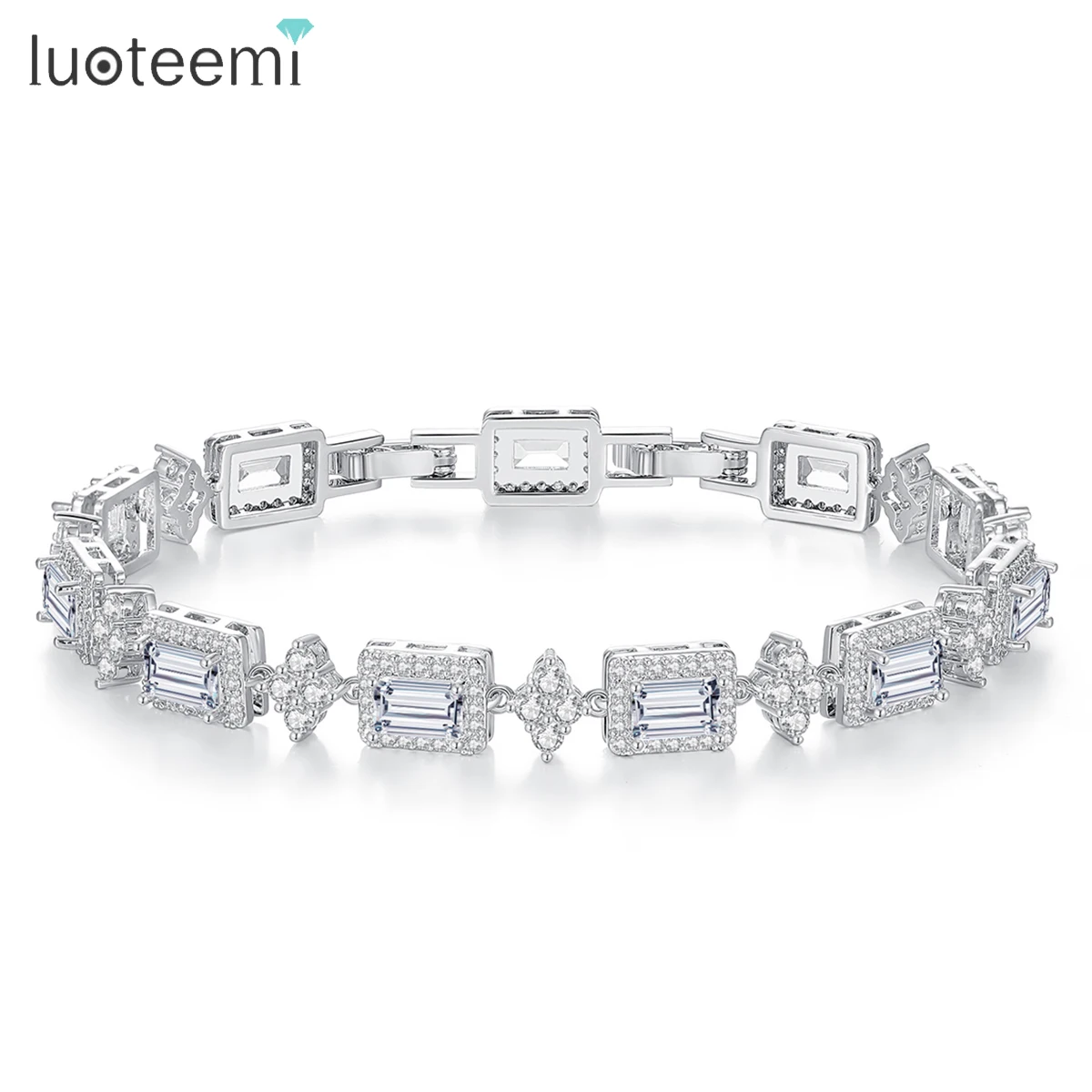 LUOTEEMI Brilliant Silver Color Bracelets Square Geometric Unique Design Chain for Girls Wedding Party Daily Dating Jewelry Gift