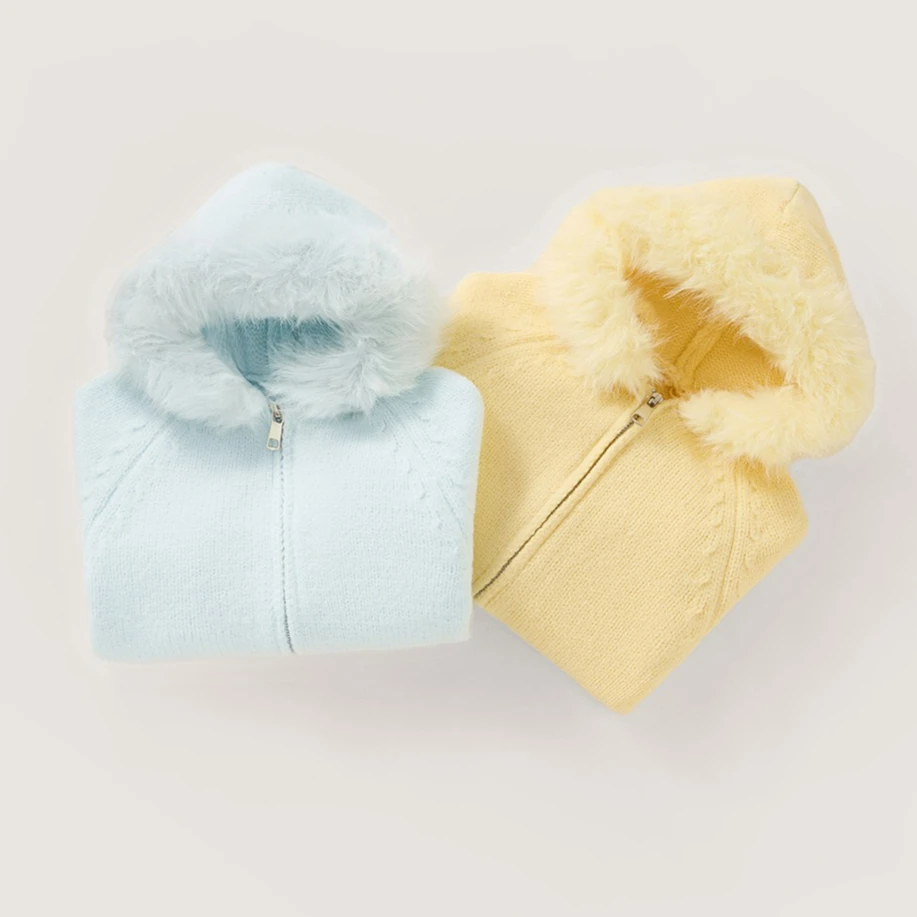 2026 Autumn Winter Baby Girls Hooded Knit Coat, Furry Collar Decor Sweet Zipper Cardigan Versatile Casual Kids Sweater Outerwear