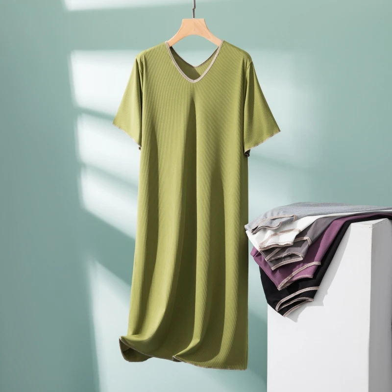 فستان نوم نسائي صيفي قصير الأكمام من المودال، فستان طويل فضفاض برقبة على شكل V، ملابس نوم منزلية من مزيج البوليستر والسباندكس #1