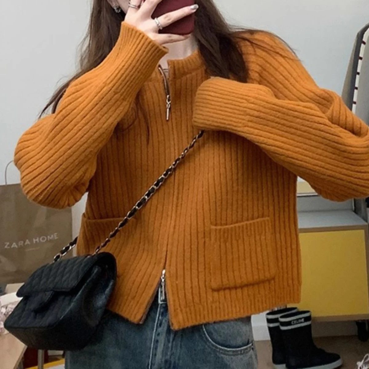 

Zipper Design Knitted Cardigan For Women Autumn Winter Fashion Loose Style Top Pocket Decor Round Neck Solid Color Sweater