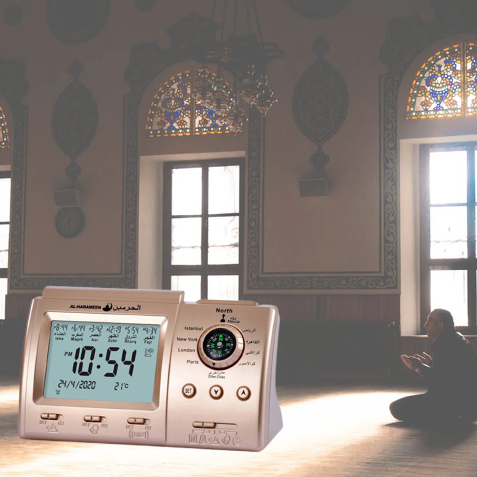 1pc relógio de mesa muçulmano para w/adhan alarme islâmico azan para tempo para oração blah direção temperatura display led luz hijir