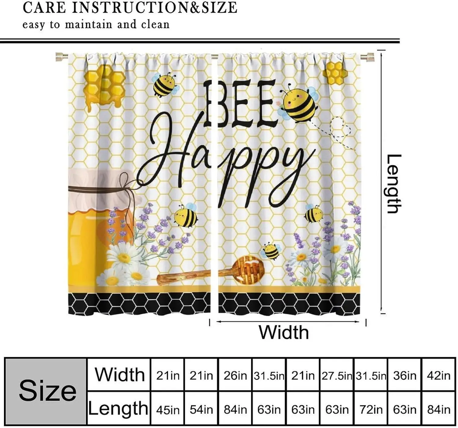 Cartoon Bee Window Curtain Honeycomb Border Honey Bottle Floral Slogan Rod Pocket Window Panels Farm Home Decor Ornament