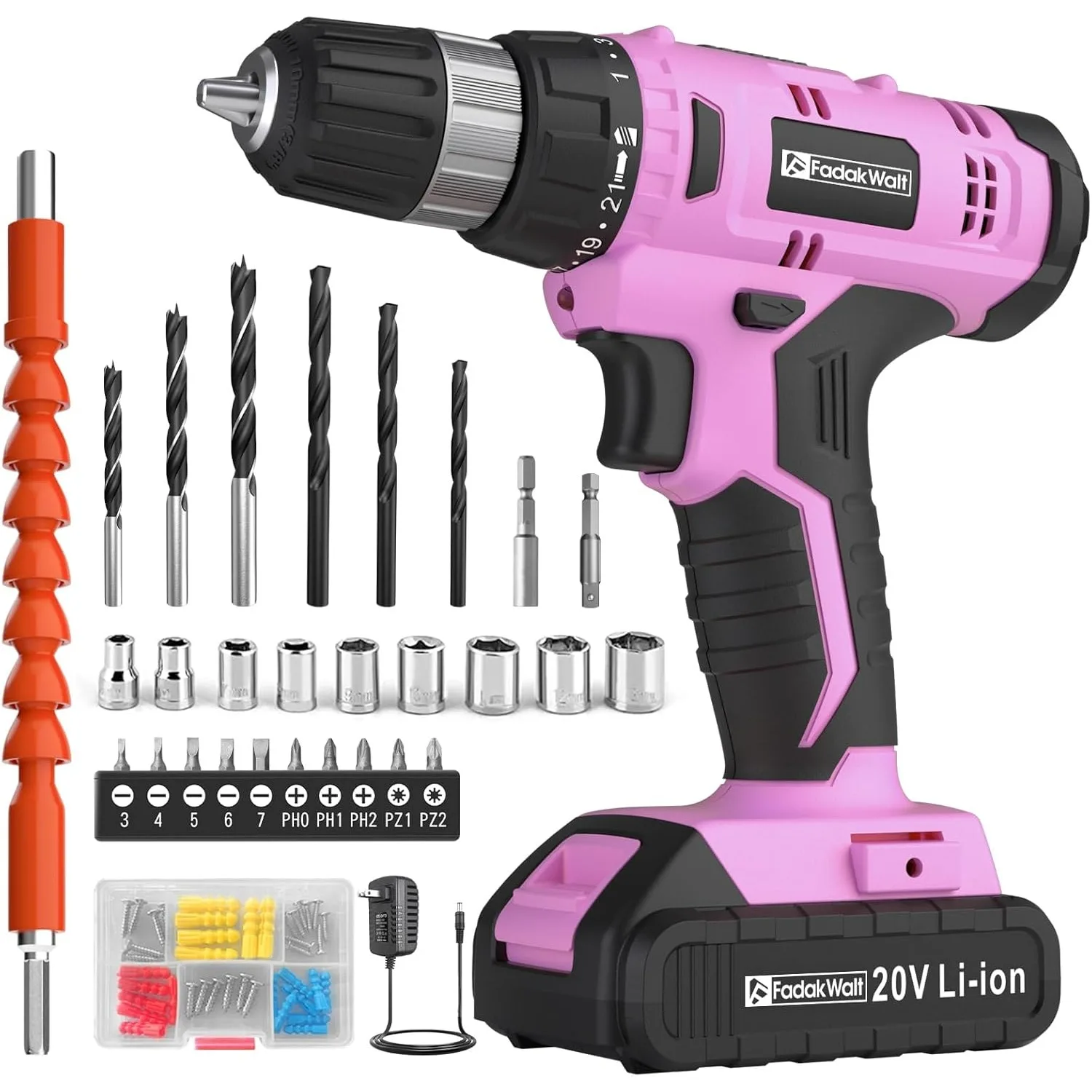 Cordless Drill Set, 20V Electric Power Drill with Battery And Charger, Torque 30N,3/8-In Keyless Chuck, Drill Driver Bits Kit