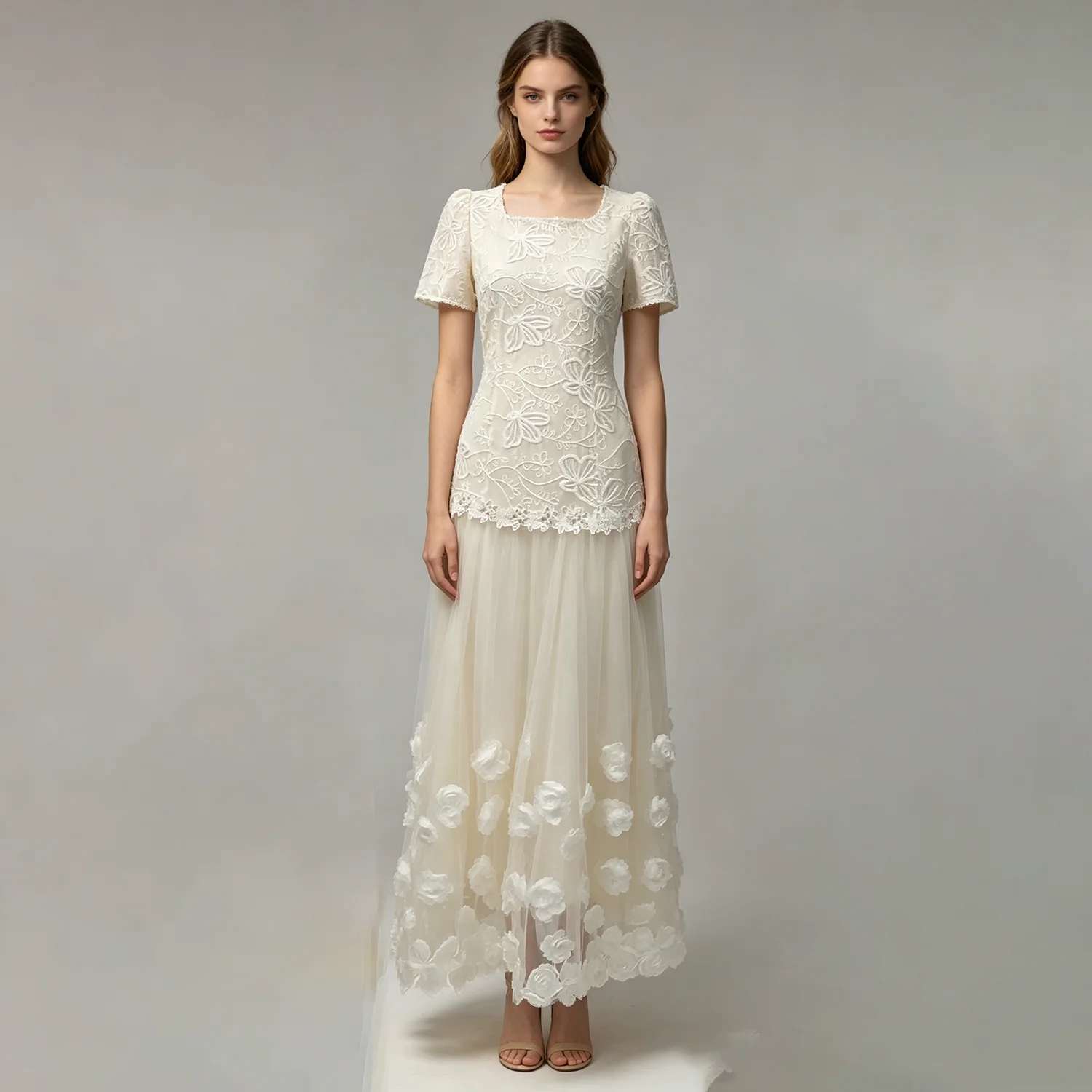 

LIMO Elegant Lace Maxi Dress Women Square Neck Short Sleeve Flower Applique Tulle Party Gown