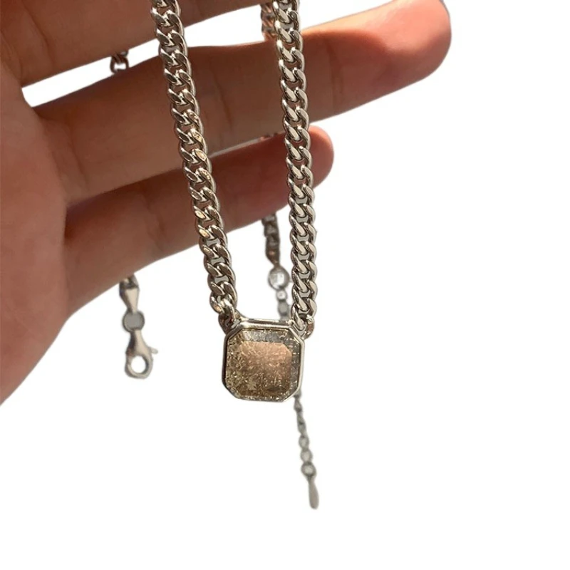

925 silver-plated Hong Kong style necklace, brown square glass pendant, retro neck chain.